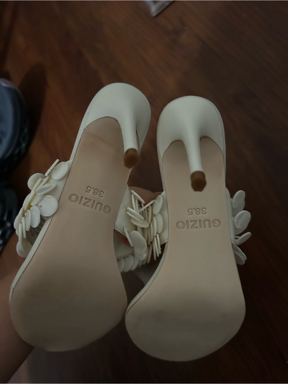 Guizio White Sequin Thong High Heel Sandal - Picture 9 of 11